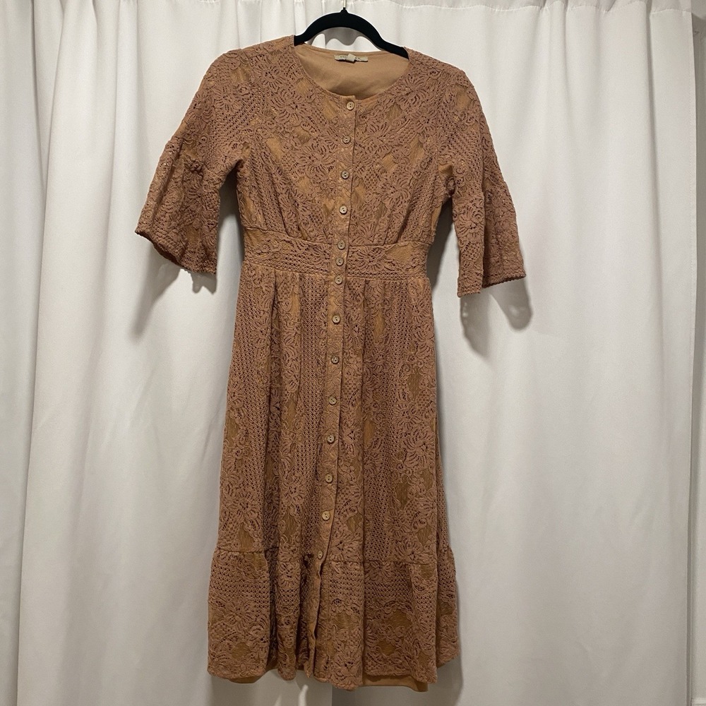 Polagram Women's Dress Size S Rust Lace Overlay Button Front 3/4 Sleeve